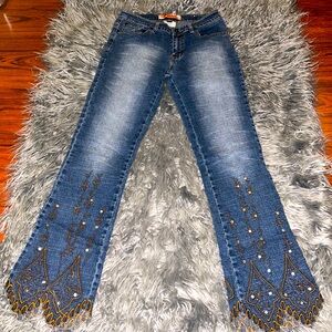 APOLLO Jeans Women’s Sz 5/6 Sequin Beaded Embroidered Asymmetric Hem Y2K RETRO